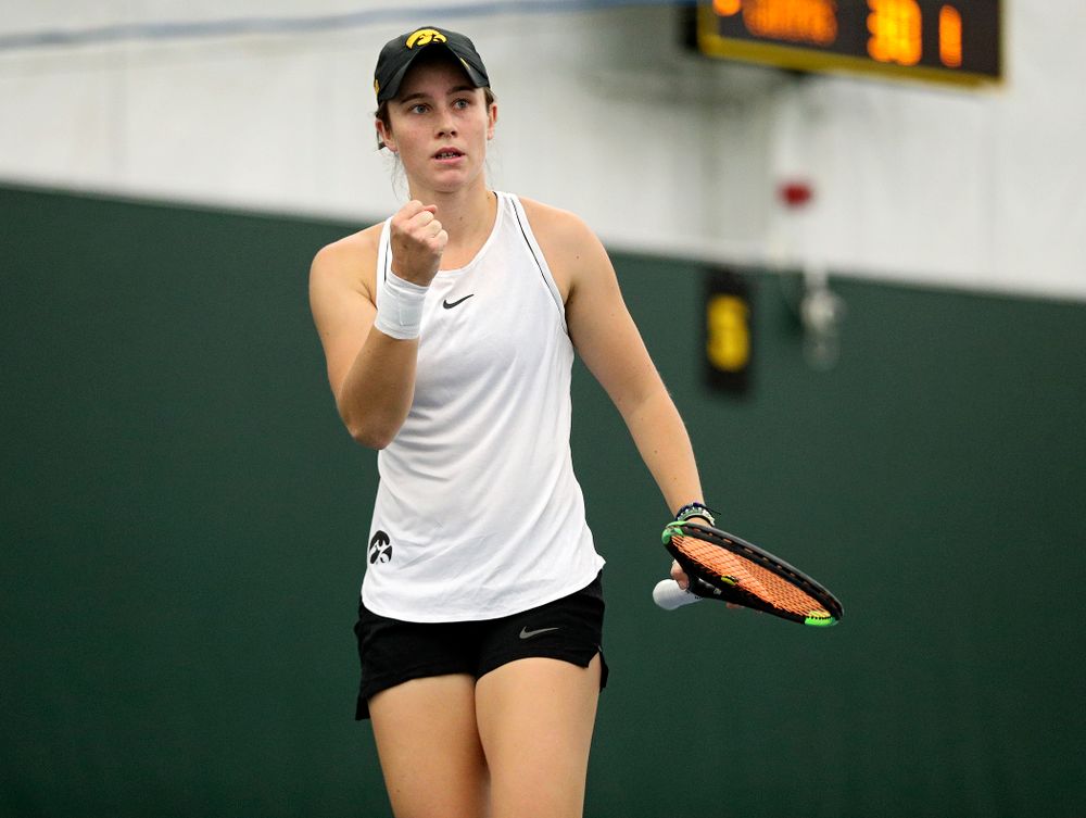 Iowa’s Elise Van Heuvelen celebrates a point during her singles match at the Hawkeye Tennis and Recreation Complex in Iowa City on Sunday, February 16, 2020. (Stephen Mally/hawkeyesports.com)
