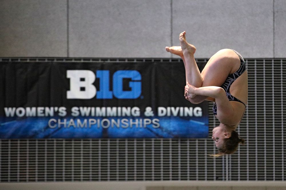Iowa’s Claire Park competes in the women’s 3 meter diving preliminary event during the 2020 Women’s Big Ten Swimming and Diving Championships at the Campus Recreation and Wellness Center in Iowa City on Friday, February 21, 2020. (Stephen Mally/hawkeyesports.com)