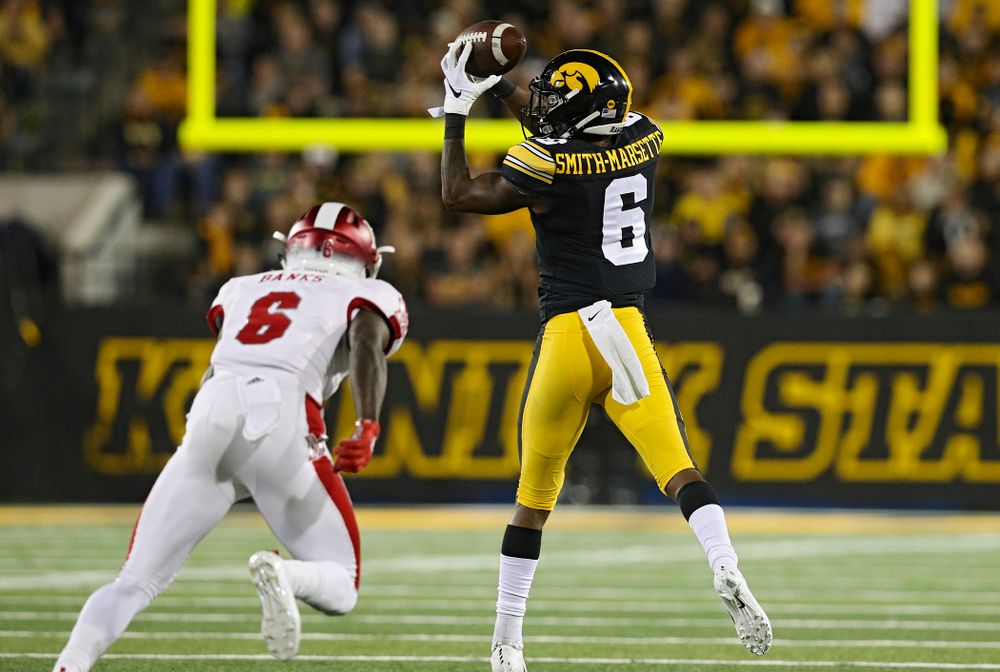Iowa Hawkeyes wide receiver Ihmir Smith-Marsette (6) pulls in a pass during the third quarter of their game at Kinnick Stadium in Iowa City on Saturday, Aug 31, 2019. (Stephen Mally/hawkeyesports.com)