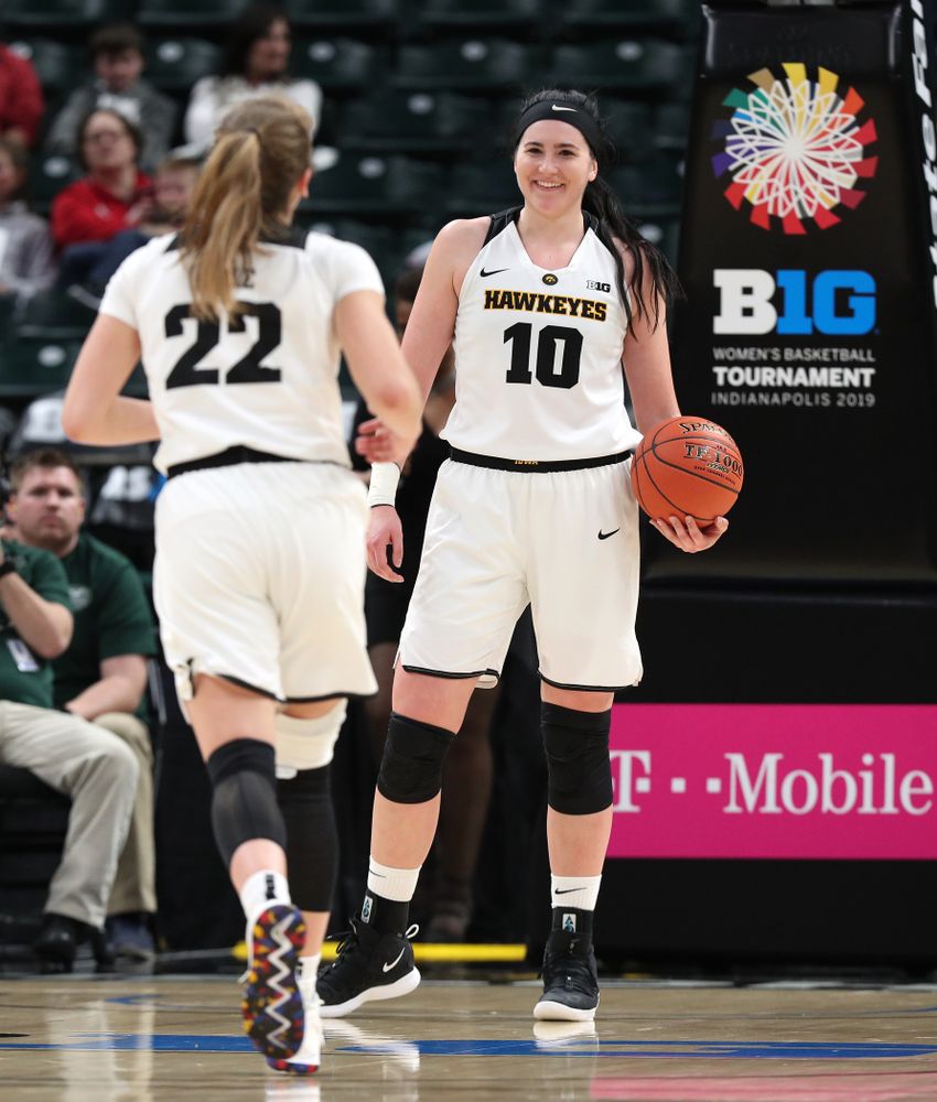 Iowa Hawkeyes forward Megan Gustafson (10) against the Indiana Hoosiers in the quarterfinals of the Big Ten Tournament Friday, March 8, 2019 at Bankers Life Fieldhouse in Indianapolis, Ind. (Brian Ray/hawkeyesports.com)