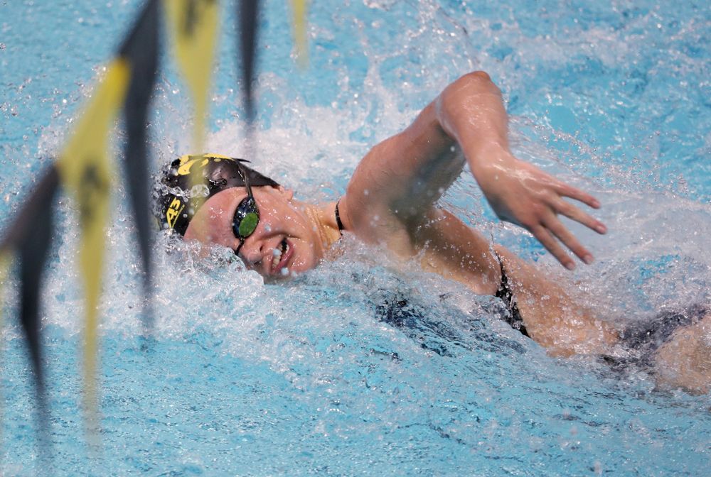IowaÕs Sarah Schemmel swims the freestyle leg of the 200 Medley Relay against Notre Dame and Illinois Saturday, January 11, 2020 at the Campus Recreation and Wellness Center.  (Brian Ray/hawkeyesports.com)