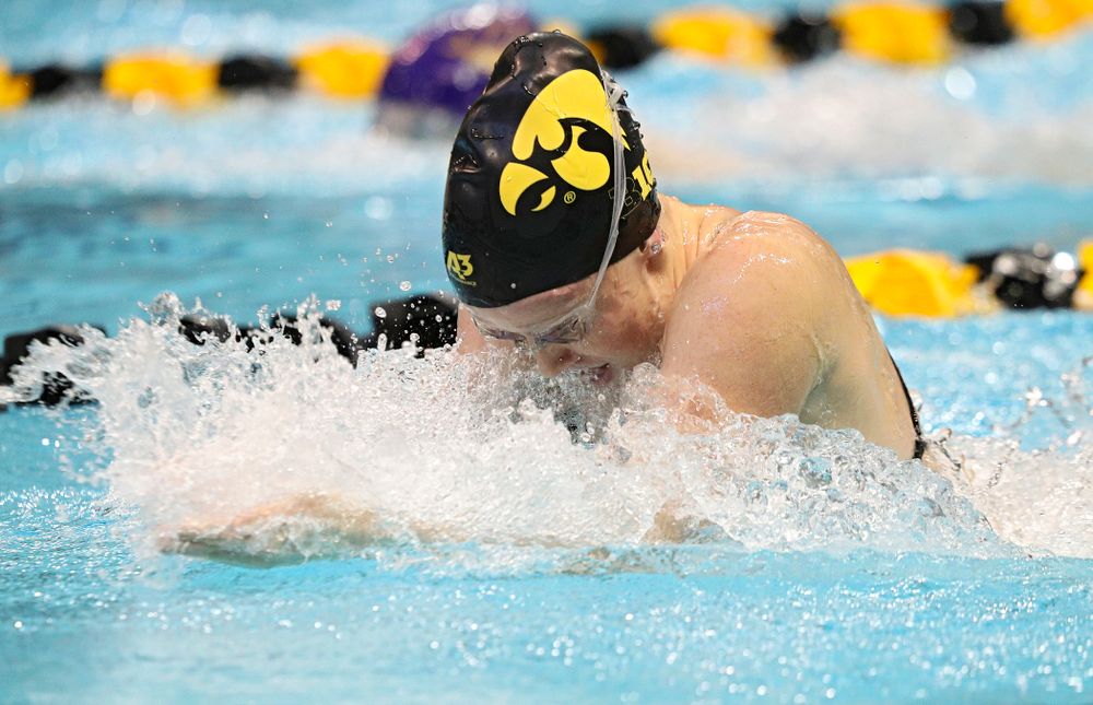 Iowa’s Paige Hanley swims the breaststroke section of the women’s 200-yard medley relay event during their meet against Michigan State and Northern Iowa at the Campus Recreation and Wellness Center in Iowa City on Friday, Oct 4, 2019. (Stephen Mally/hawkeyesports.com)