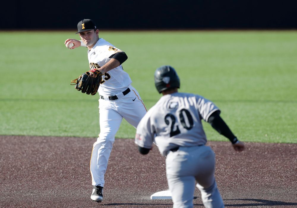 Iowa Hawkeyes infielder Kyle Crowl (23) against Northern Illinois Tuesday, April 17, 2018 at Duane Banks Field. (Brian Ray/hawkeyesports.com)