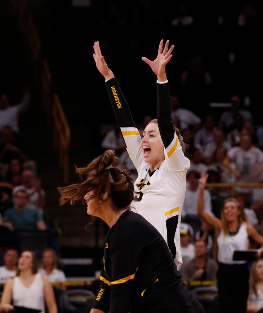 Iowa Hawkeyes outside hitter Meghan Buzzerio (5) against the Michigan State Spartans Friday, September 21, 2018 at Carver-Hawkeye Arena. (Brian Ray/hawkeyesports.com)
