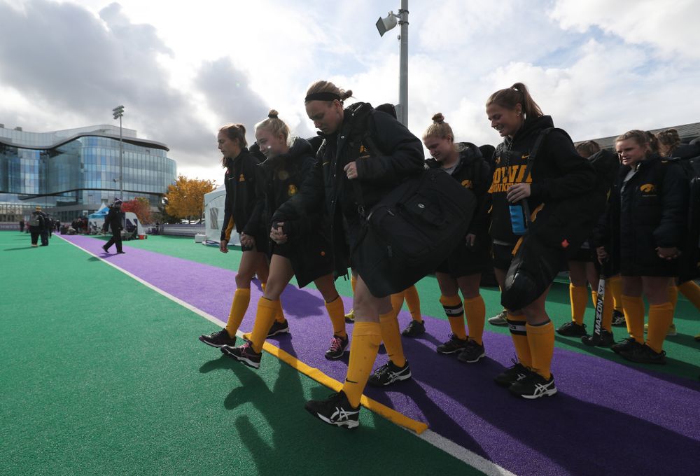 The seniors cross the line before their game against the Michigan Wolverines in the semi-finals of the Big Ten Tournament Friday, November 2, 2018 at Lakeside Field on the campus of Northwestern University in Evanston, Ill. (Brian Ray/hawkeyesports.com)