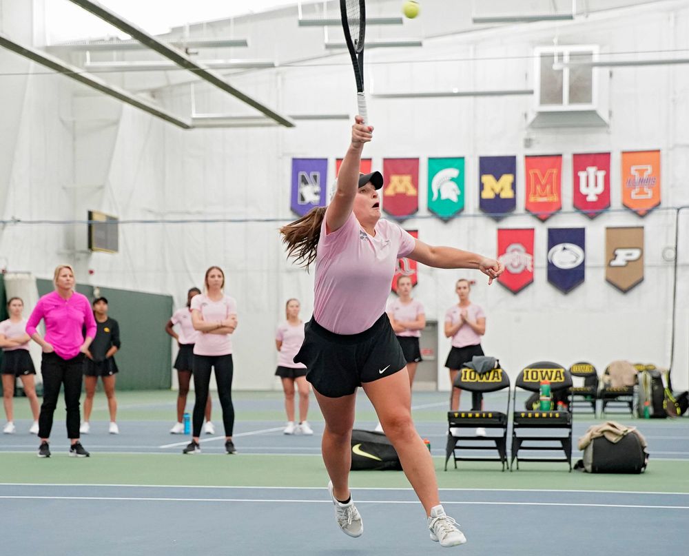 Iowa's Danielle Bauers plays a doubles match against Purdue at the Hawkeye Tennis and Recreation Complex in Iowa City on Friday, Mar. 29, 2019. (Stephen Mally/hawkeyesports.com)