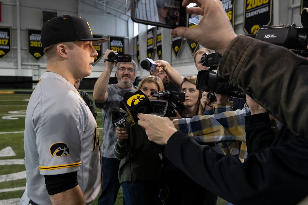 Iowa Hawkeyes Cole McDonald (11) answers questions from reporters during the team's annual media day Tuesday, February 5, 2019 in the Indoor Practice Facility. (Brian Ray/hawkeyesports.com)