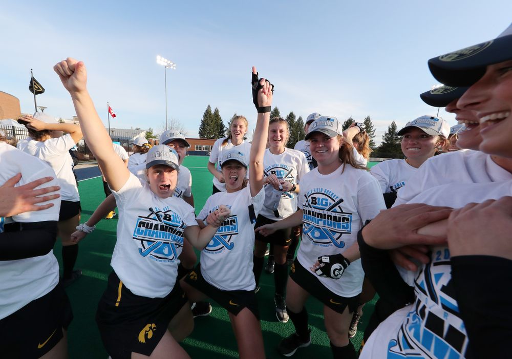 The Iowa Hawkeyes celebrate their victory over  Penn State in the 2019 Big Ten Field Hockey Tournament Championship Game Sunday, November 10, 2019 in State College. (Brian Ray/hawkeyesports.com)