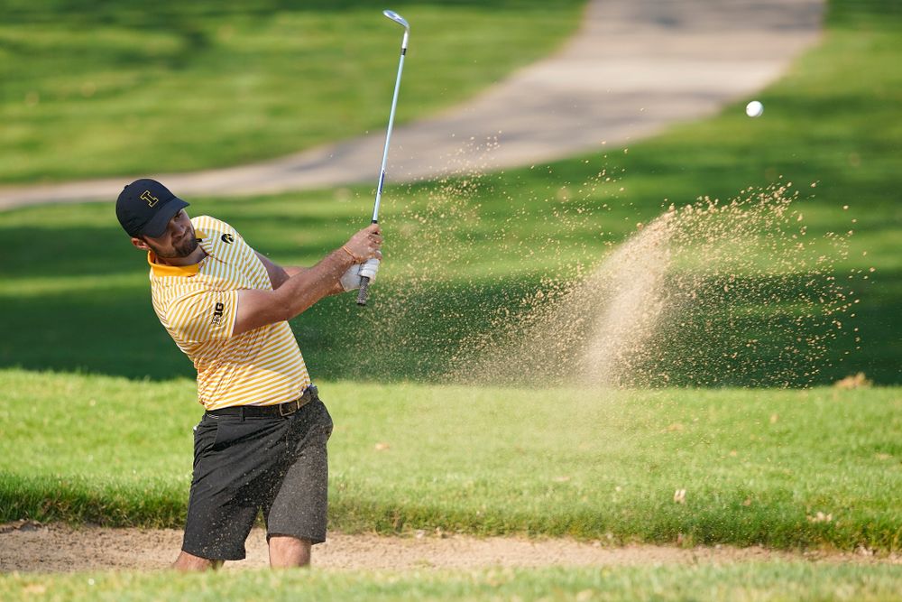 Iowa's Gonzalo Leal hits from the sand during the third round of the Hawkeye Invitational at Finkbine Golf Course in Iowa City on Sunday, Apr. 21, 2019. (Stephen Mally/hawkeyesports.com)