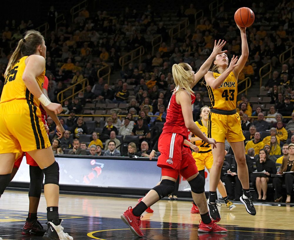 Iowa Hawkeyes forward Amanda Ollinger (43) makes a basket during the fourth quarter of their game at Carver-Hawkeye Arena in Iowa City on Thursday, January 23, 2020. (Stephen Mally/hawkeyesports.com)