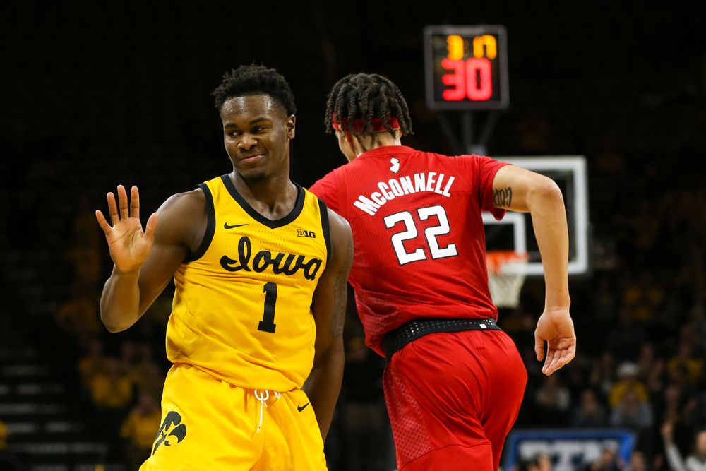 Iowa Hawkeyes guard Joe Toussaint (1) reacts after scoring during the Iowa men’s basketball game vs Rutgers on Wednesday, January 22, 2020 at Carver-Hawkeye Arena. (Lily Smith/hawkeyesports.com)