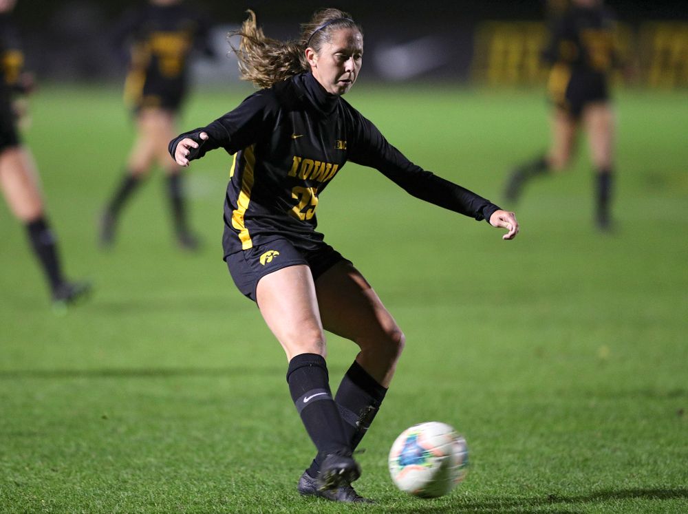 Iowa midfielder Josie Durr (25) takes a shot during the first half of their match at the Iowa Soccer Complex in Iowa City on Friday, Oct 11, 2019. (Stephen Mally/hawkeyesports.com)