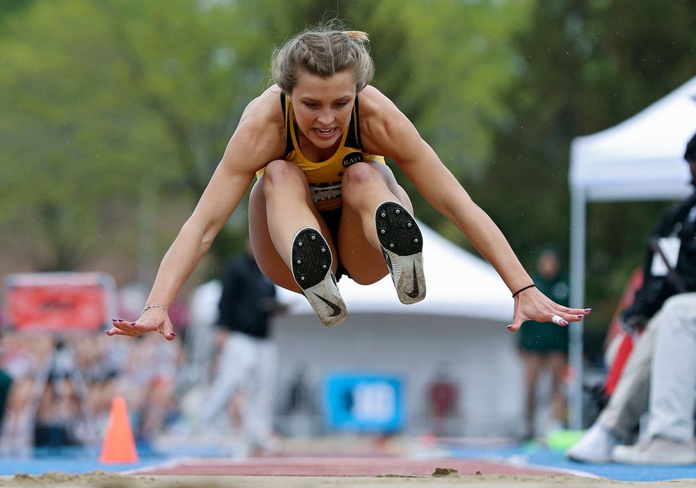 Iowa's Hannah Schilb in the women’s triple jump event on the third day of the Big Ten Outdoor Track and Field Championships at Francis X. Cretzmeyer Track in Iowa City on Sunday, May. 12, 2019. (Stephen Mally/hawkeyesports.com)