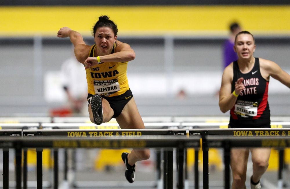 Iowa's Jenny Kimbro wins the 60-meter hurdles during the Jimmy Grant Invitational Saturday, December 8, 2018 at the Recreation Building. (Brian Ray/hawkeyesports.com)