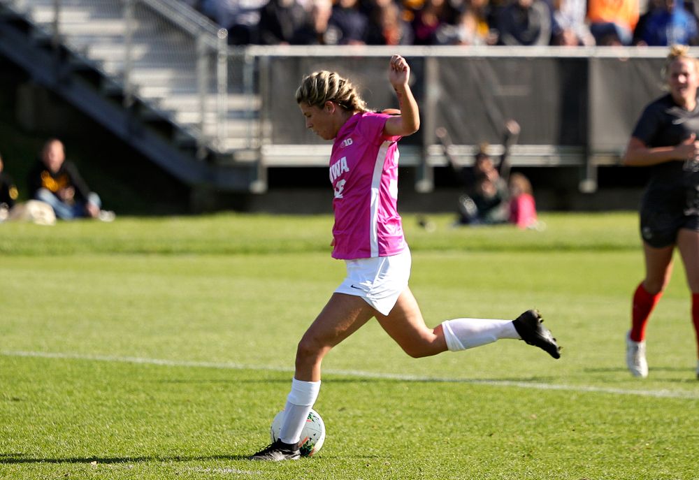 Iowa forward Gianna Gourley (32) scores a goal during the second half of their match at the Iowa Soccer Complex in Iowa City on Sunday, Oct 27, 2019. (Stephen Mally/hawkeyesports.com)