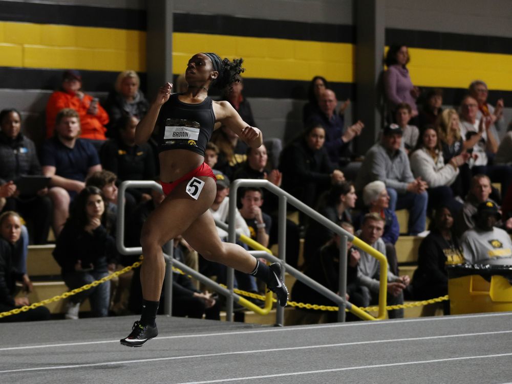 Former Hawkeye Brittany Brown runs the 300 meter premier during the 2019 Larry Wieczorek Invitational Friday, January 18, 2019 at the Hawkeye Tennis and Recreation Center. (Brian Ray/hawkeyesports.com)