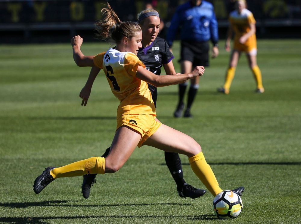 Iowa Hawkeyes midfielder Isabella Blackman (6) passes the ball during a game against Northwestern at the Iowa Soccer Complex on October 21, 2018. (Tork Mason/hawkeyesports.com)