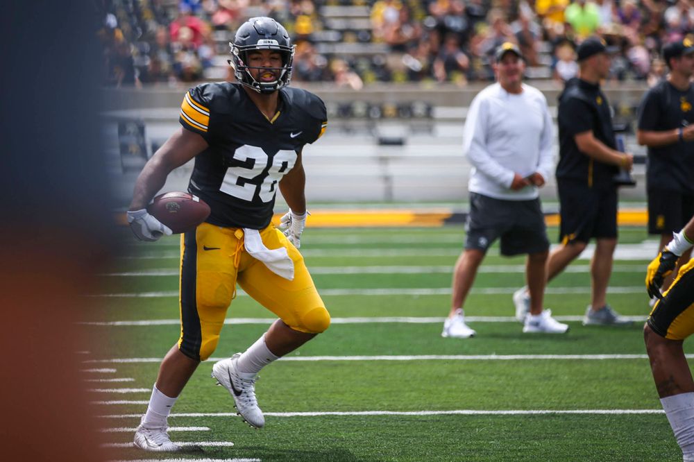 Iowa Hawkeyes running back Toren Young (28) during Kids Day at Kinnick Stadium on Saturday, August 10, 2019. (Lily Smith/hawkeyesports.com)