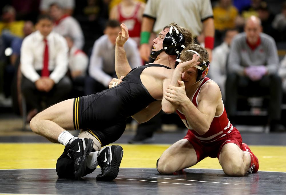 IowaÕs Spencer Lee wrestles WisconsinÕs  Michael Cullen at 125 pounds Sunday, December 1, 2019 at Carver-Hawkeye Arena. Lee won the match with a 16-0 technical fall. (Brian Ray/hawkeyesports.com)