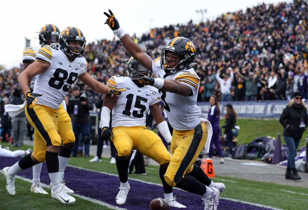 Iowa Hawkeyes wide receiver Tyrone Tracy Jr. (3) celebrates a touchdown against the Northwestern Wildcats Saturday, October 26, 2019 at Ryan Field in Evanston, Ill. (Brian Ray/hawkeyesports.com)