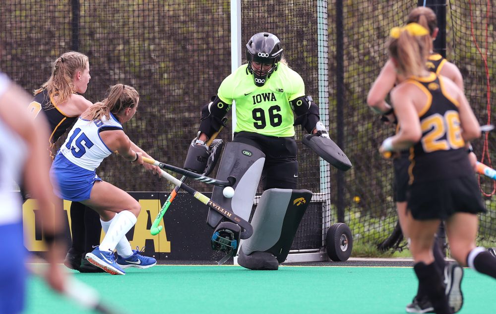 Iowa Hawkeyes goaltender Leslie Speight (96) makes a save against the Duke Blue Devils Sunday, September 15, 2019 at Grant Field.  (Brian Ray/hawkeyesports.com)