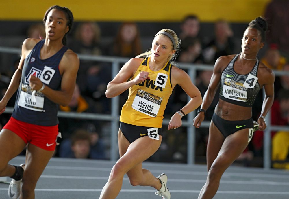 Iowa’s Aly Weum runs the women’s 400 meter dash premier event during the Larry Wieczorek Invitational at the Recreation Building in Iowa City on Saturday, January 18, 2020. (Stephen Mally/hawkeyesports.com)