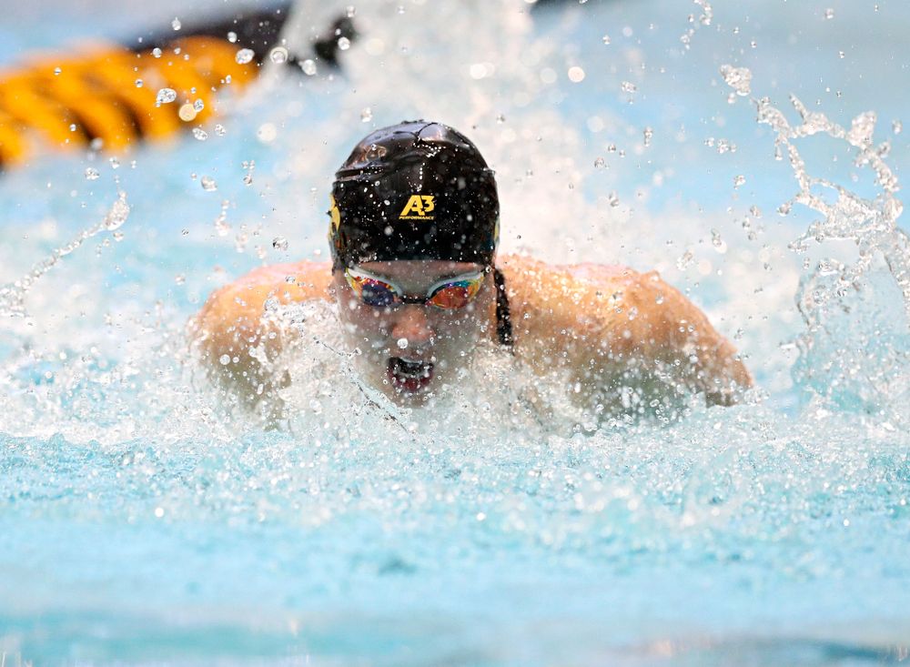 Iowa’s Christina Kaufman swims the women’s 100 yard butterfly preliminary event during the 2020 Women’s Big Ten Swimming and Diving Championships at the Campus Recreation and Wellness Center in Iowa City on Friday, February 21, 2020. (Stephen Mally/hawkeyesports.com)