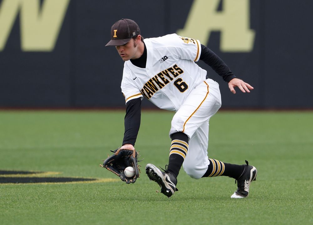 Iowa Hawkeyes outfielder Justin Jenkins (6) during a double header against the Indiana Hoosiers Friday, March 23, 2018 at Duane Banks Field. (Brian Ray/hawkeyesports.com)