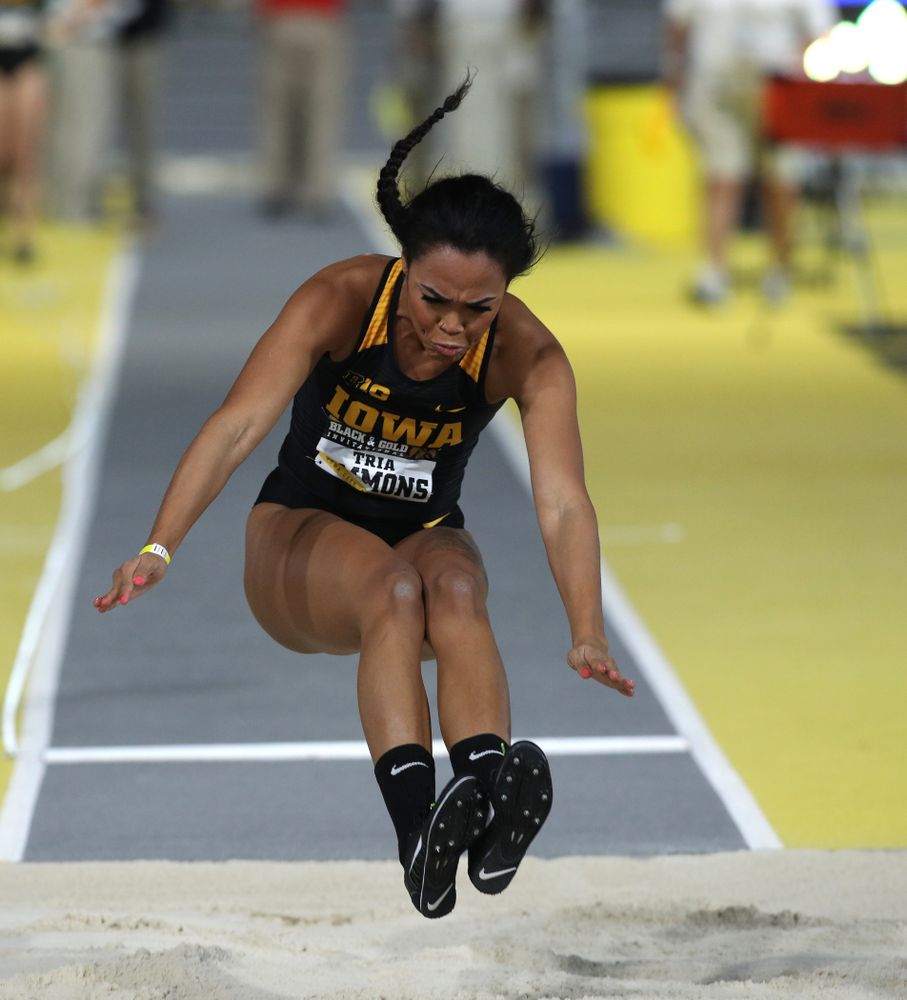 Iowa's Tria Simmons competes in the long jump during the Black and Gold Premier meet Saturday, January 26, 2019 at the Recreation Building. (Brian Ray/hawkeyesports.com)