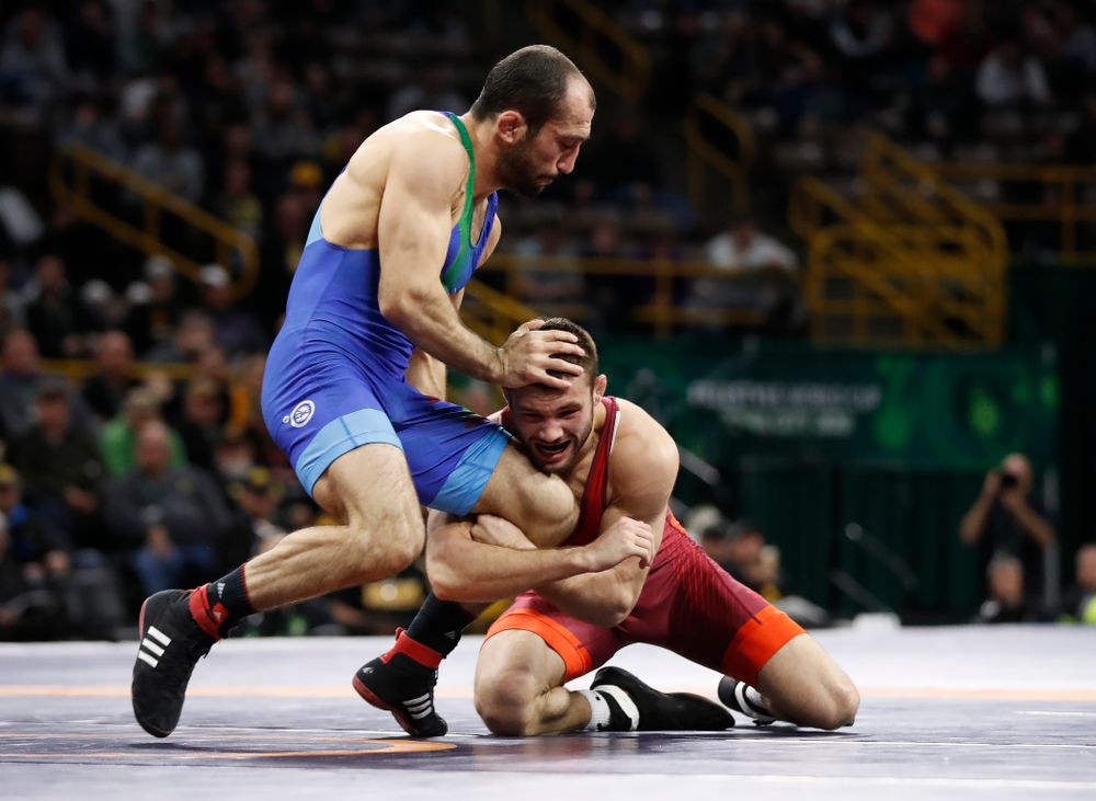 Thomas Gilman during the gold medal match of the United World Wrestling Freestyle World Cup against Azerbaijan Sunday, April 8, 2018 at Carver-Hawkeye Arena. (Brian Ray/hawkeyesports.com)