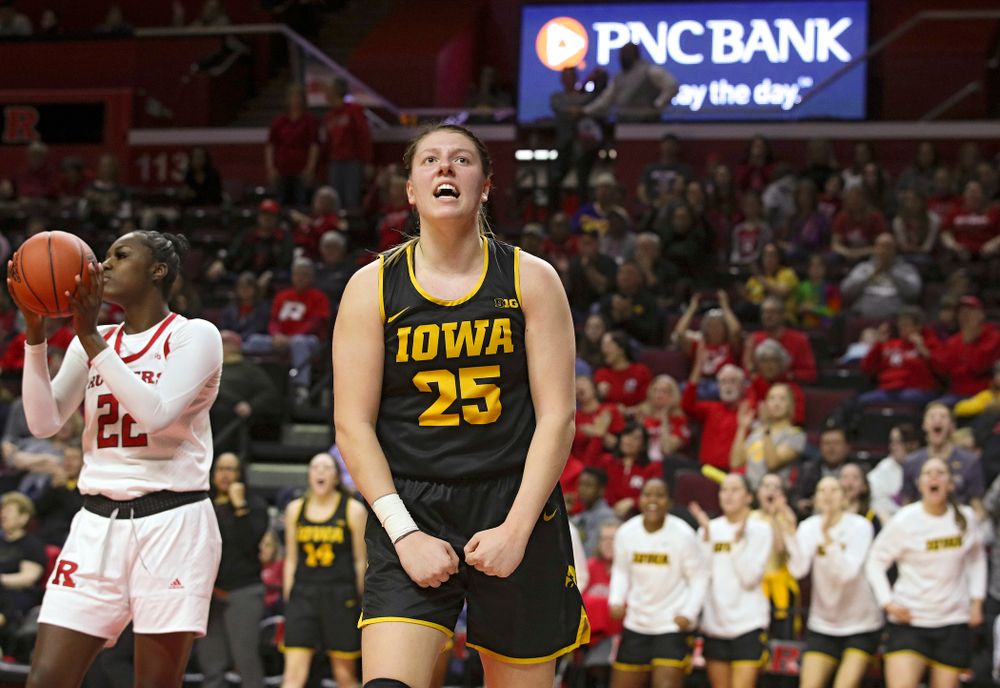Iowa forward/center Monika Czinano (25) celebrates after making a basket while being fouled during the fourth quarter of their game at the Rutgers Athletic Center in Piscataway, N.J. on Sunday, March 1, 2020. (Stephen Mally/hawkeyesports.com)