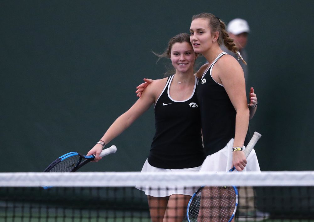 Iowa's Ashleigh Jacobs and Cloe Ruette during a doubles match against North Texas Sunday, January 20, 2019 at the Hawkeye Tennis and Recreation Center. (Brian Ray/hawkeyesports.com)