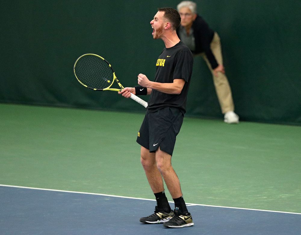 Iowa’s Kareem Allaf celebrates a point during his doubles match at the Hawkeye Tennis and Recreation Complex in Iowa City on Friday, March 6, 2020. (Stephen Mally/hawkeyesports.com)