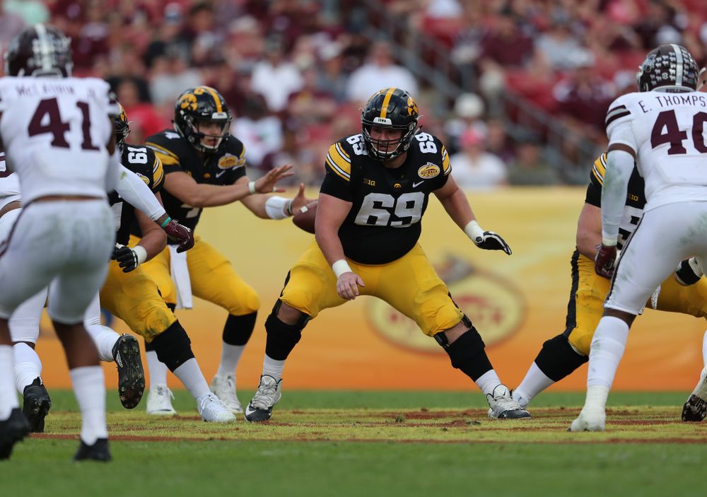 Iowa Hawkeyes offensive lineman Keegan Render (69) during the Outback Bowl Tuesday, January 1, 2019 at Raymond James Stadium in Tampa, FL. (Brian Ray/hawkeyesports.com)