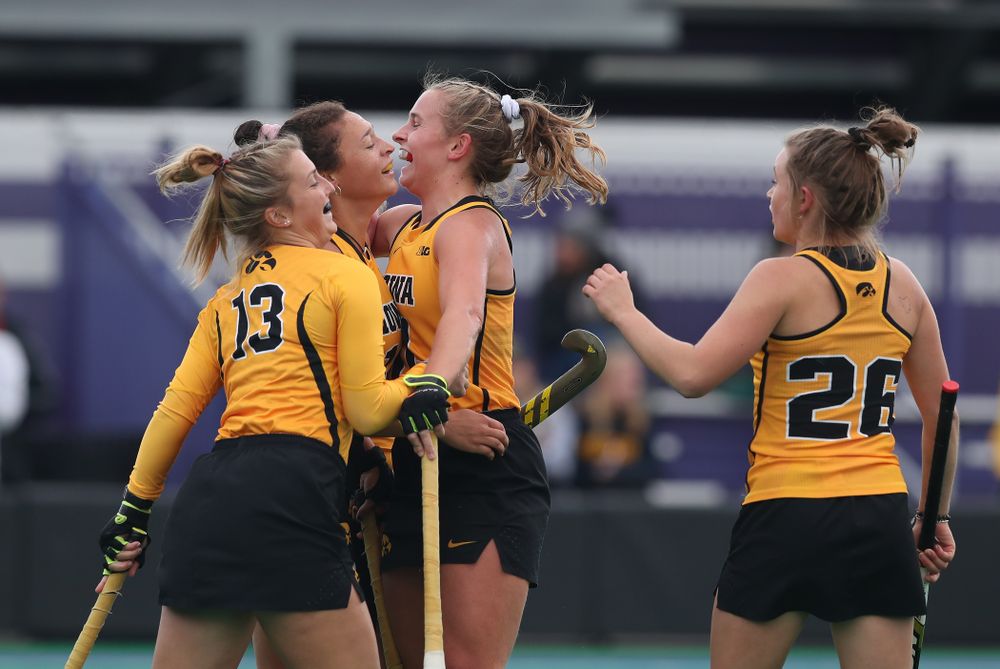 Iowa Hawkeyes Mya Christopher (18) celebrates with Katie Birch (11) after scoring against the Michigan Wolverines in the semi-finals of the Big Ten Tournament Friday, November 2, 2018 at Lakeside Field on the campus of Northwestern University in Evanston, Ill. (Brian Ray/hawkeyesports.com)