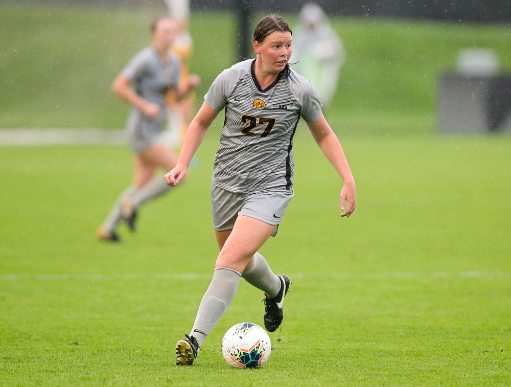 Iowa forward Samantha Tawharu (27) looks to pass during overtime of their match at the Iowa Soccer Complex in Iowa City on Sunday, Sep 29, 2019. (Stephen Mally/hawkeyesports.com)
