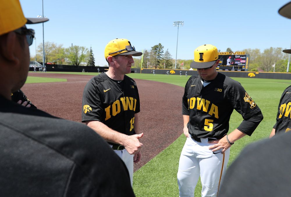 Iowa Hawkeyes associate head coach Marty Sutherland before game two against UC Irvine Saturday, May 4, 2019 at Duane Banks Field. (Brian Ray/hawkeyesports.com)