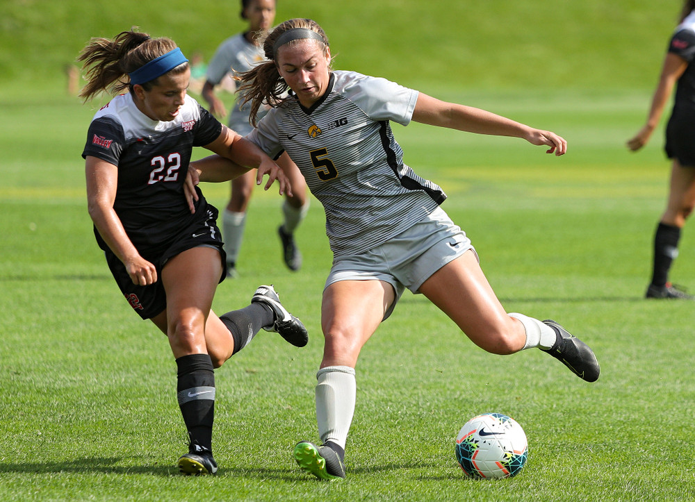 Iowa defender Riley Whitaker (5) moves with the ball during the first half of their match at the Iowa Soccer Complex in Iowa City on Sunday, Sep 1, 2019. (Stephen Mally/hawkeyesports.com)