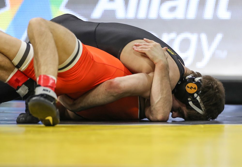 Iowa’s Austin DeSanto Wrestles Oklahoma State’s Reece Witcraft at 133 pounds Sunday, February 23, 2020 at Carver-Hawkeye Arena. DeSanto won the match by fall. (Brian Ray/hawkeyesports.com)