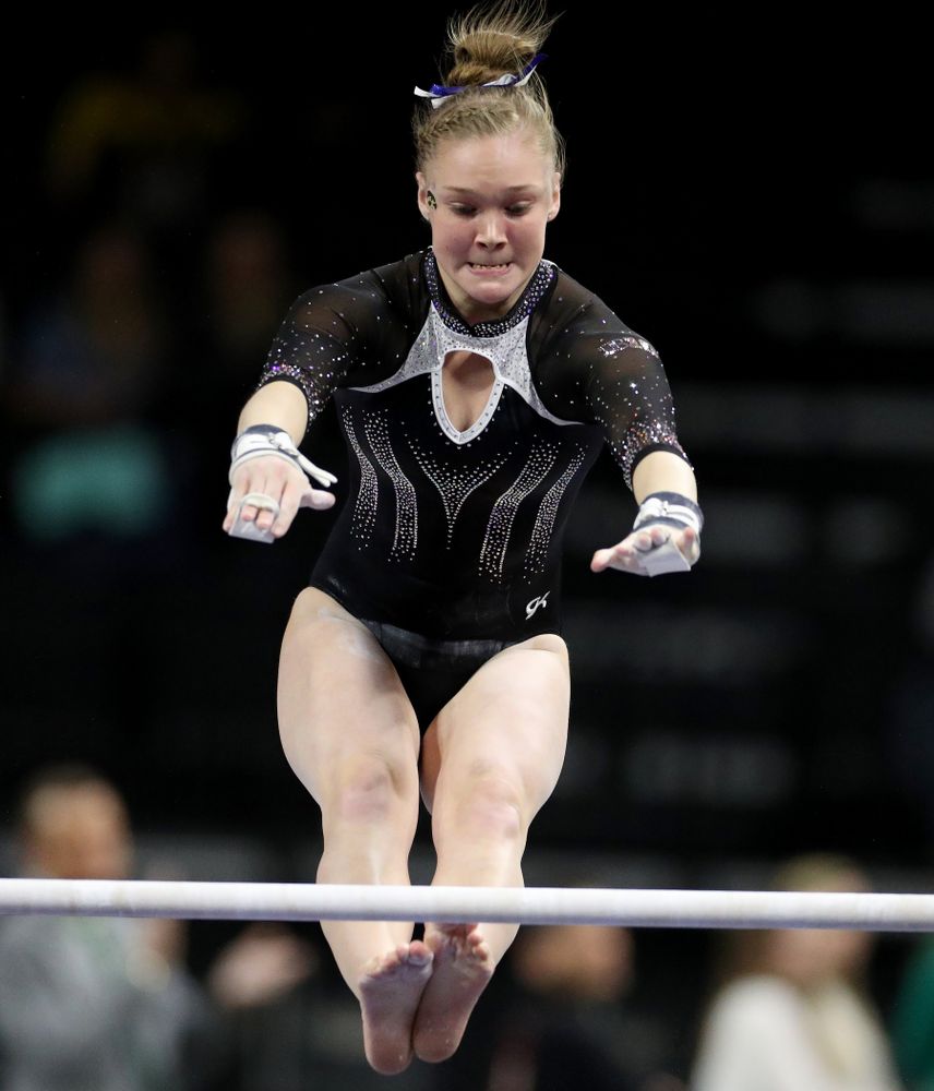 Iowa’s Allyson Steffensmeier competes on the bars against Michigan State Saturday, February 1, 2020 at Carver-Hawkeye Arena. (Brian Ray/hawkeyesports.com)