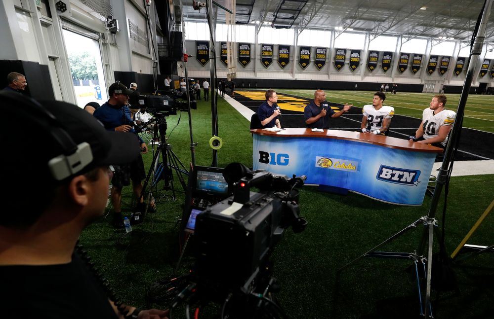 Iowa Hawkeyes defensive back Amani Hooker (27) and defensive end Parker Hesse (40) on the Big Ten Network set Monday, August 20, 2018 at the Hansen Football Performance Center. (Brian Ray/hawkeyesports.com)
