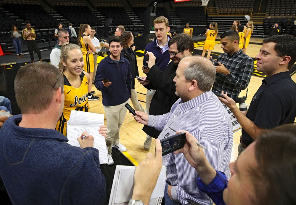Iowa guard Kathleen Doyle (22) answers questions during Iowa Women’s Basketball Media Day at Carver-Hawkeye Arena in Iowa City on Thursday, Oct 24, 2019. (Stephen Mally/hawkeyesports.com)