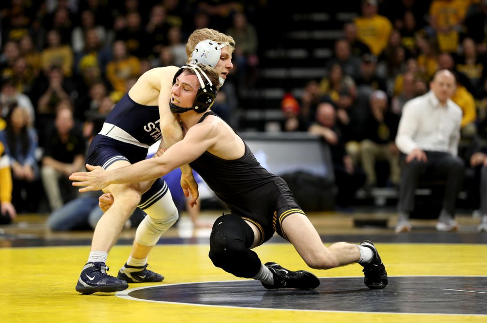 Iowa’s Spencer Lee wrestles Penn State’s Brandon Meredith at 125 pounds Friday, January 31, 2020 at Carver-Hawkeye Arena.Lee won the match by technical fall. (Brian Ray/hawkeyesports.com)