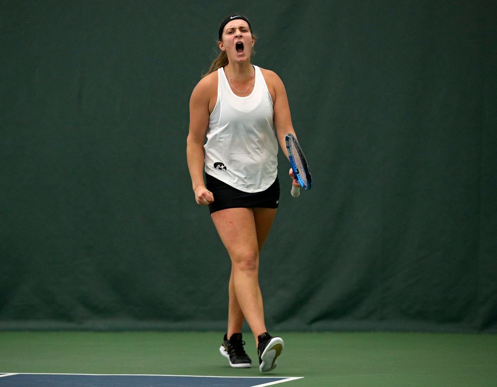 Iowa’s Ashleigh Jacobs celebrates a point during her singles match at the Hawkeye Tennis and Recreation Complex in Iowa City on Sunday, February 23, 2020. (Stephen Mally/hawkeyesports.com)