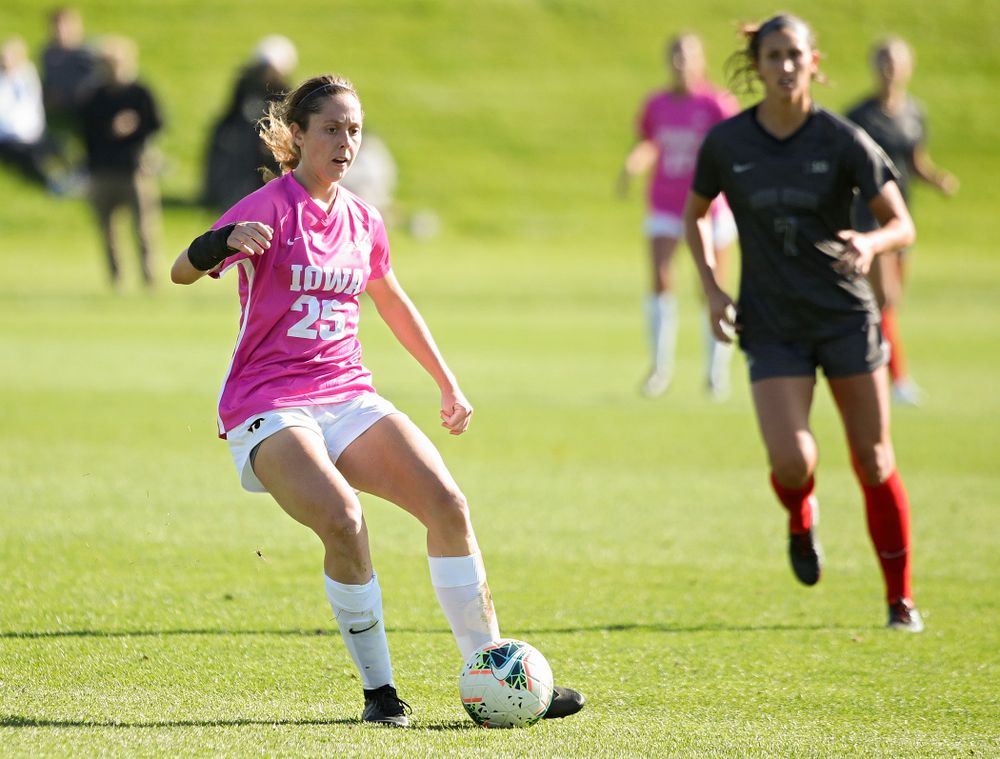 Iowa midfielder Josie Durr (25) passes the ball during the second half of their match at the Iowa Soccer Complex in Iowa City on Sunday, Oct 27, 2019. (Stephen Mally/hawkeyesports.com)