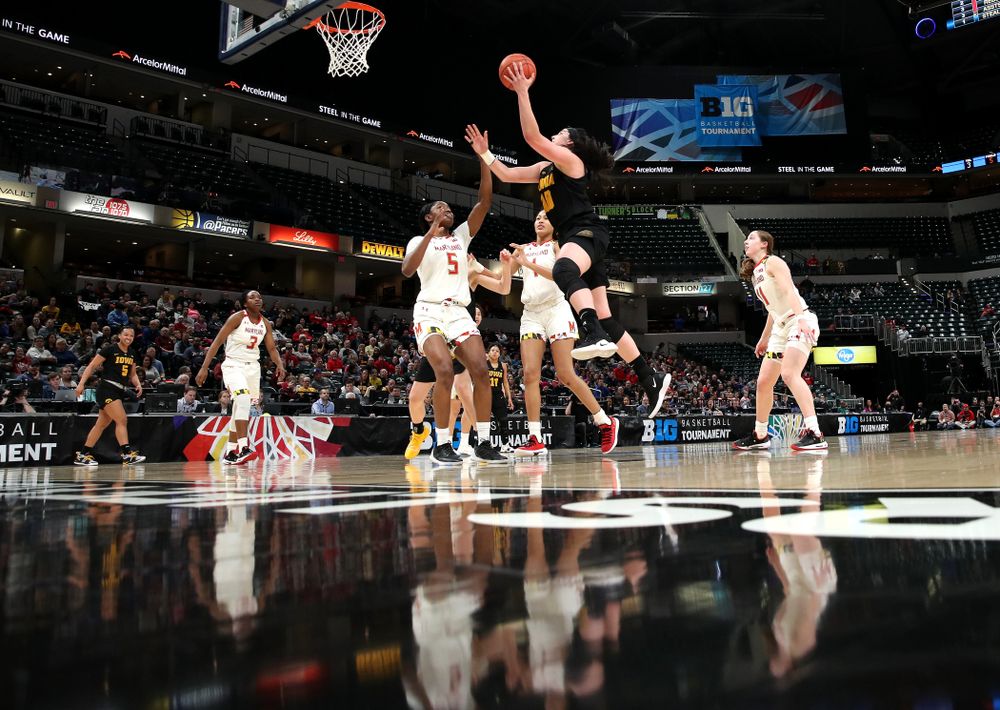 Iowa Hawkeyes forward Megan Gustafson (10) against the Maryland Terrapins in the Big Ten Championship Game Sunday, March 10, 2019 in Indianapolis, Ind. (Brian Ray/hawkeyesports.com)