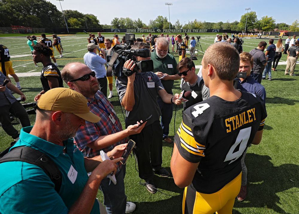 Iowa Hawkeyes quarterback Nate Stanley (4) answers questions during Iowa Football Media Day at the Hansen Football Performance Center in Iowa City on Friday, Aug 9, 2019. (Stephen Mally/hawkeyesports.com)