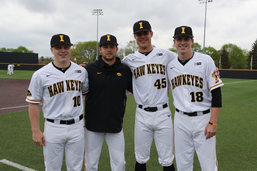 Iowa Hawkeyes Derek Lieurance (10), Grant Leonard (43), Kyle Shimp (45), and Shane Ritter (18) before their  game against Michigan State Sunday, May 12, 2019 at Duane Banks Field. (Brian Ray/hawkeyesports.com)