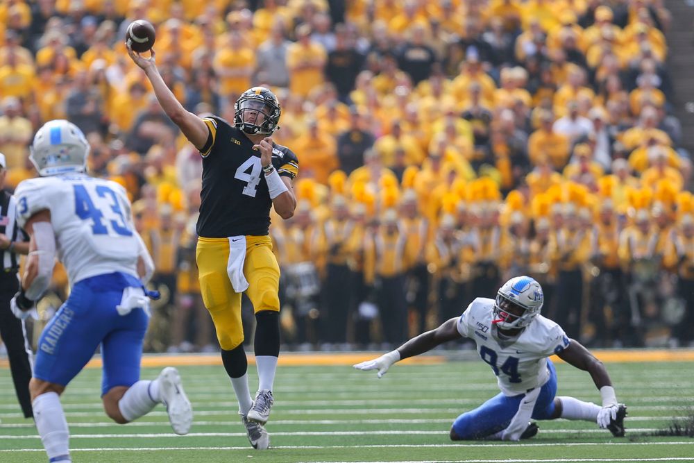 Iowa Hawkeyes quarterback Nate Stanley (4) against Middle Tennessee Saturday, September 28, 2019 at Kinnick Stadium. (Lily Smith/hawkeyesports.com)