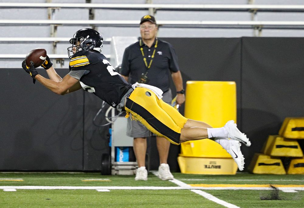 Iowa Hawkeyes wide receiver Jackson Ritter (29) makes a diving catch along the sideline during Fall Camp Practice No. 12 at Kinnick Stadium in Iowa City on Thursday, Aug 15, 2019. (Stephen Mally/hawkeyesports.com)